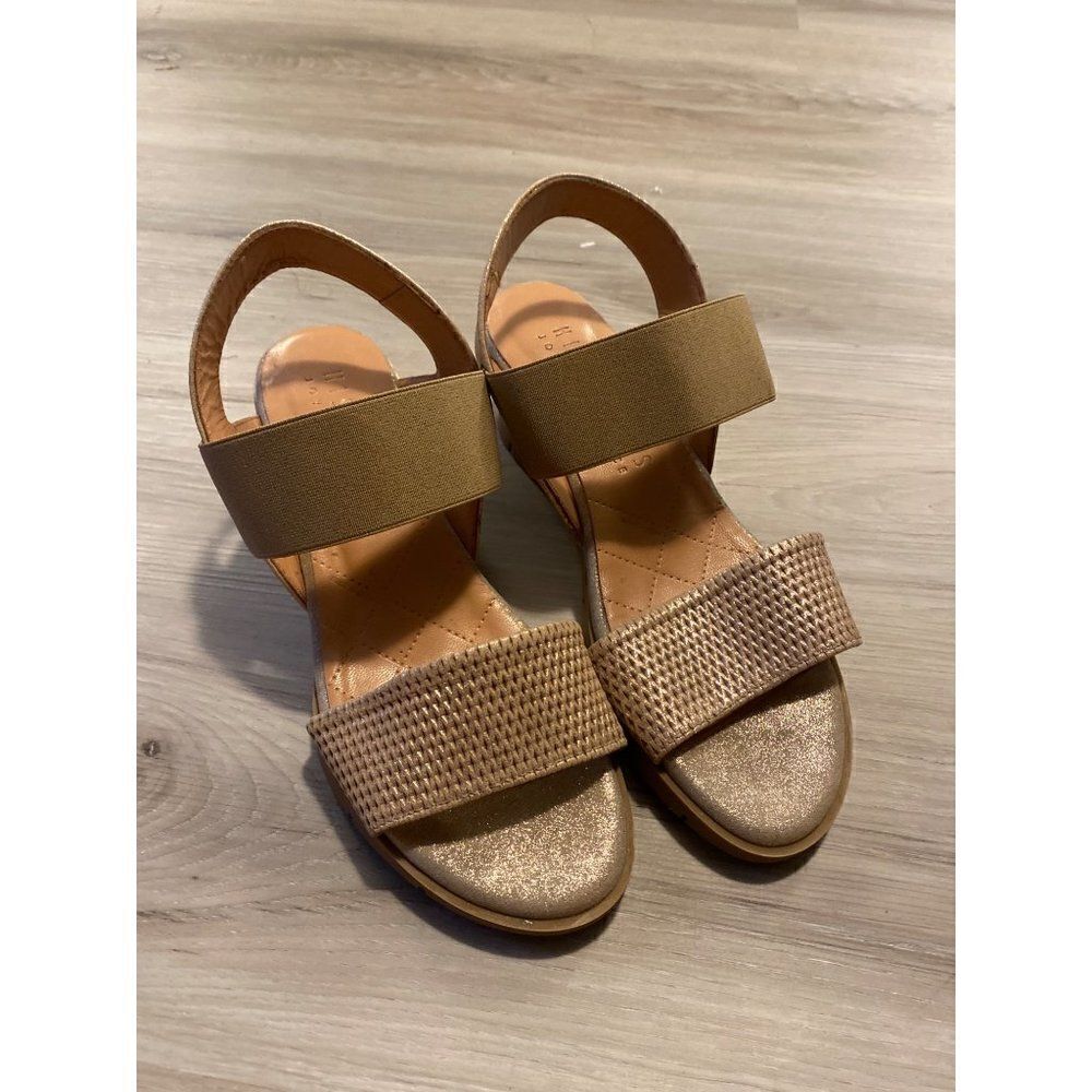 Hispanita, women's tan open toed, ankle strap wedged heel sandal size 38